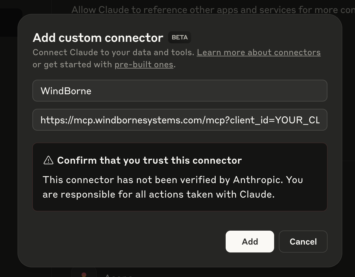 Claude settings showing the Connectors section with Add custom connector