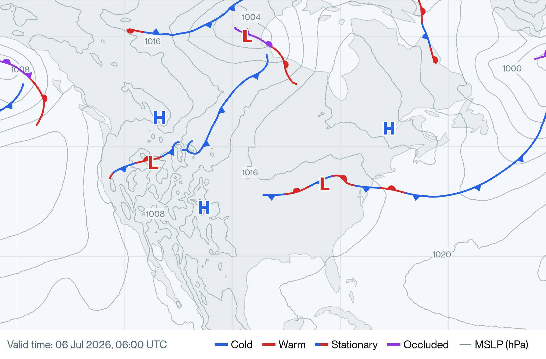 Tracked fronts with conventional symbols, mean sea-level pressure contours in hPa, and H/L pressure centers over 72 forecast hours in the July 6, 2026 WM-6 run. Only boundaries reaching at least 500 km are shown.